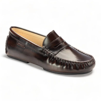 Brown polished leather soft loafer for girl by London Kids - classic penny moccasin style