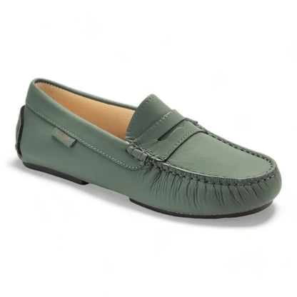 Olive Green Sahara Leather Soft Loafer for Girl by London Kids - Classic Penny style loafers in premium Sahara Leather, perfect for casual wear.