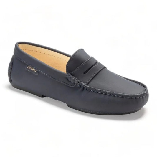 Navy Sahara Leather Soft Loafer for Girl by London Kids - navy color, Sahara leather, classic penny moccasin design.