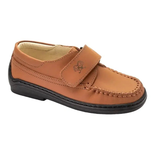 Tan Sahara Leather Velcro sneakers for boys by London Kids, ideal for casual wear.