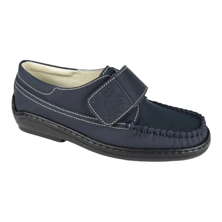 Navy Sahara Leather Velcro shoes for boys by London Kids - Pretty Ballerinas, made with premium materials for casual wear.