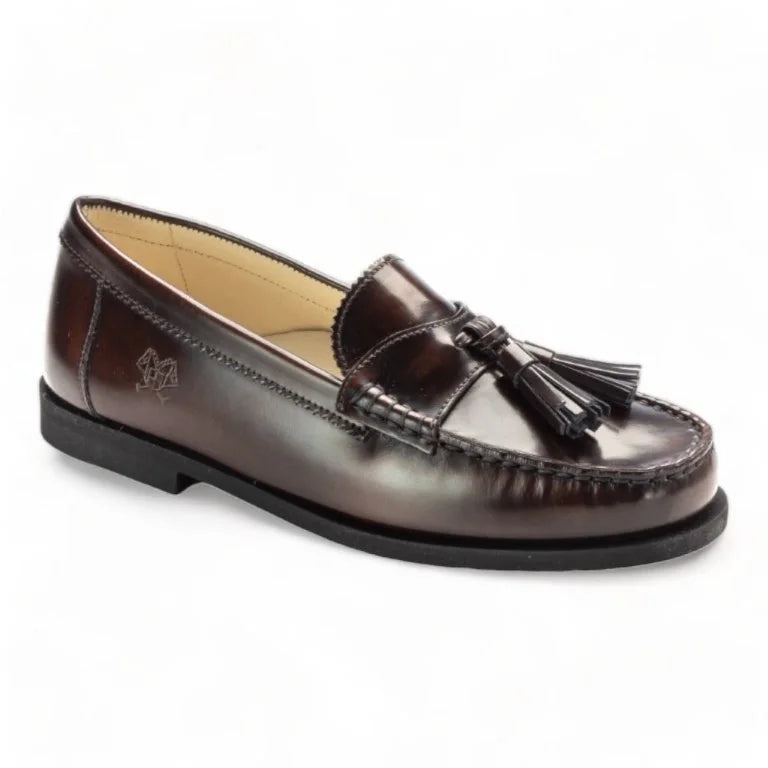 Brown polished leather hard loafer for girl by London Kids - brown color, polished leather material, hard loafer design