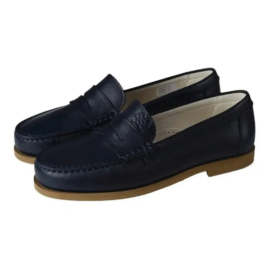 Navy soft leather hard loafer for girl or boy by London Kids in BLVT color.