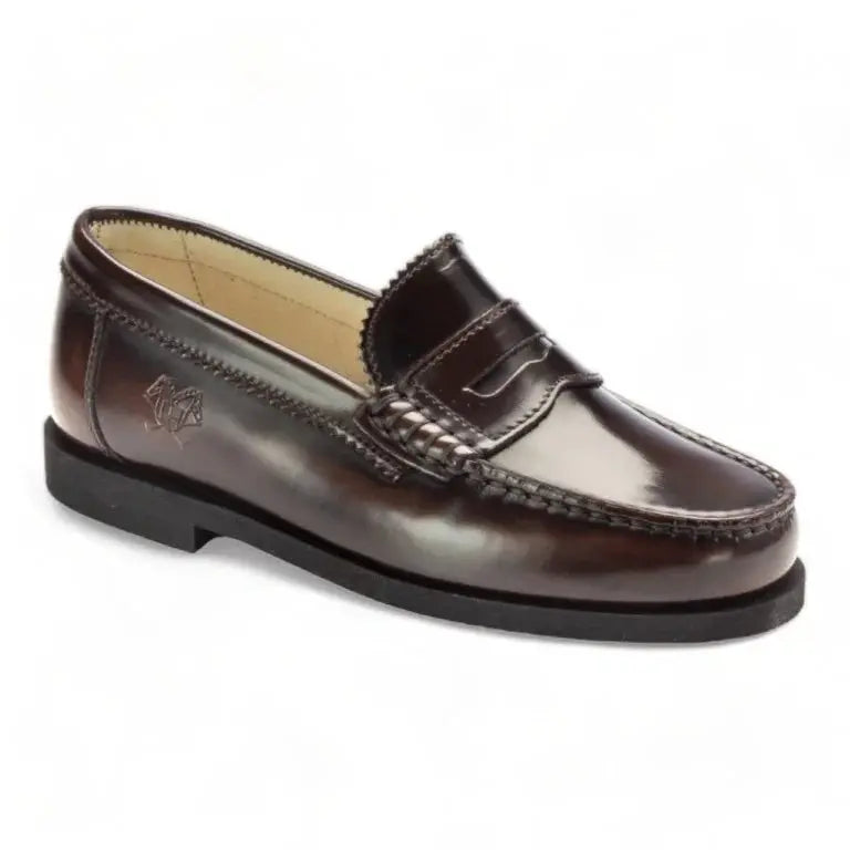 Brown polished leather hard loafer for girl and boy by London Kids, perfect for casual and dress occasions.