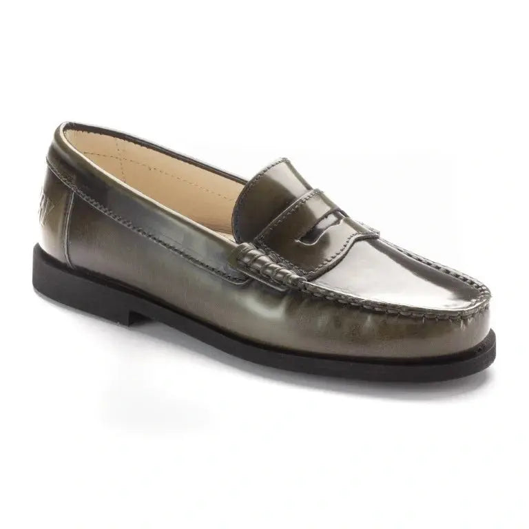 Stylish green polished leather hard loafer for girl/boy by London Kids, ideal for casual or dress occasions.