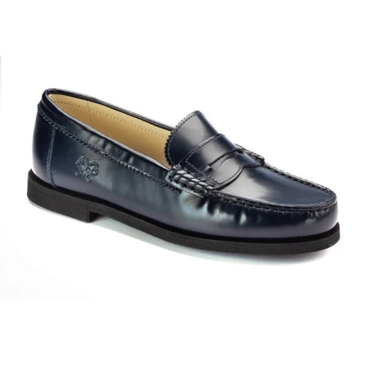 Navy polished leather hard loafer for girl or boy by London Kids - classic and durable footwear for young fashionistas or gentlemen.