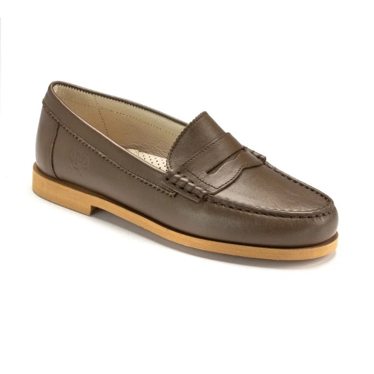 Taupe soft leather hard loafer for girl and boy by London Kids, featuring premium soft leather material. Ideal for casual or dress occasions.