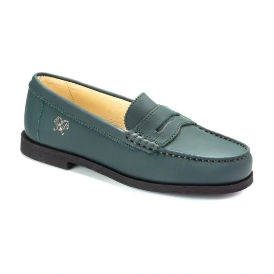 Green Sahara Leather Hard Loafer for Girl or Boy by London Kids - high-quality, stylish footwear for kids.