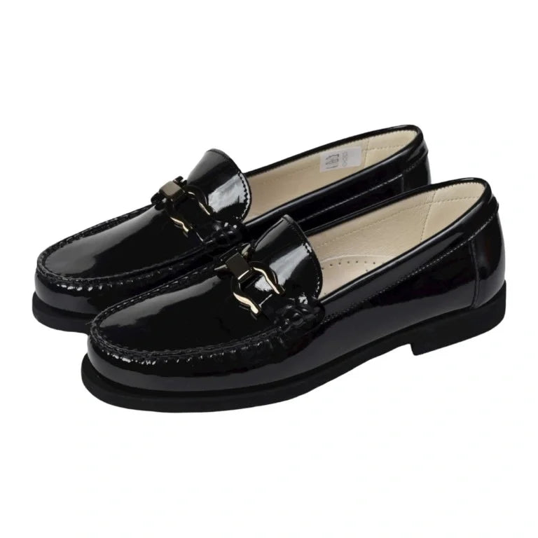 Stylish black patent leather hard loafer for girls by London Kids, ideal for casual wear.