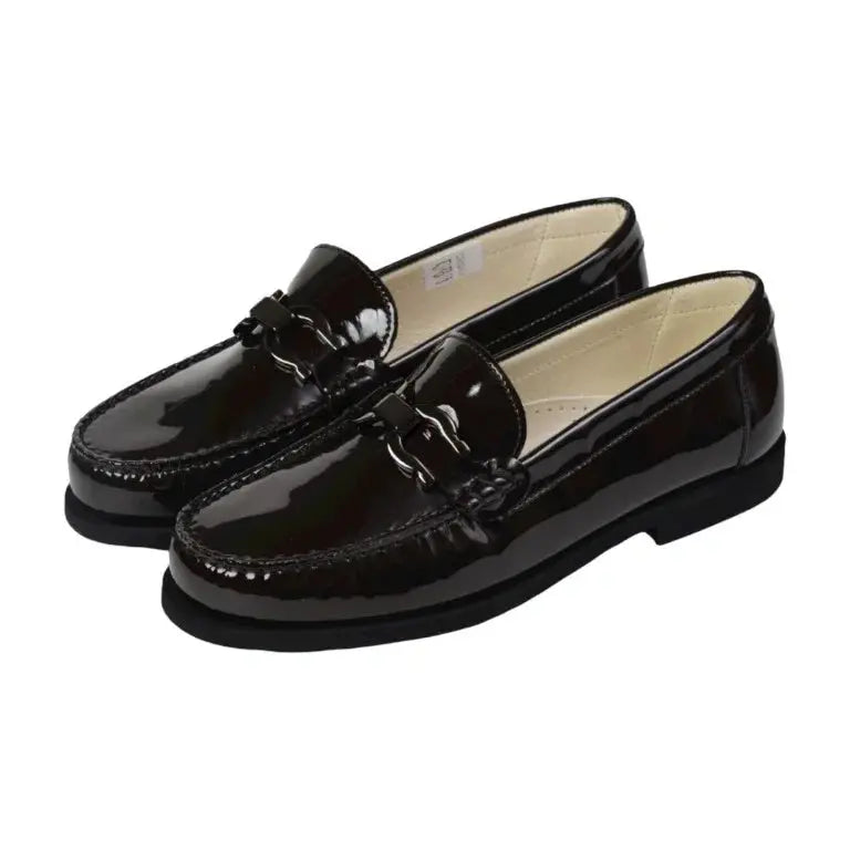 Brown patent leather hard loafer for girl by London Kids - stylish and durable footwear for girls.