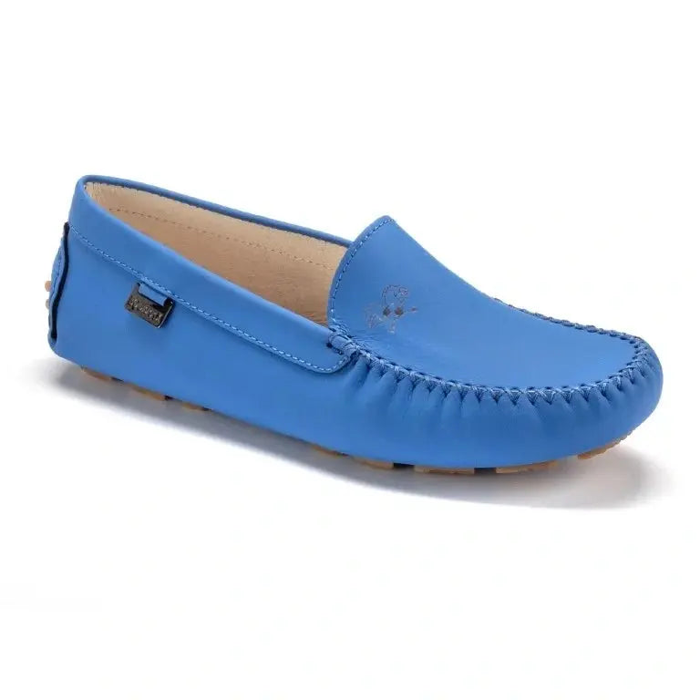 Blue Sahara Leather Soft Loafer for Girl by London Kids - Blue casual moccasin loafer crafted from premium Sahara leather.