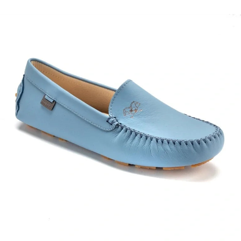 Blue Sahara Leather Soft Loafer for girl by London Kids - Blue moccasin loafers crafted from premium Sahara leather, perfect for casual wear.