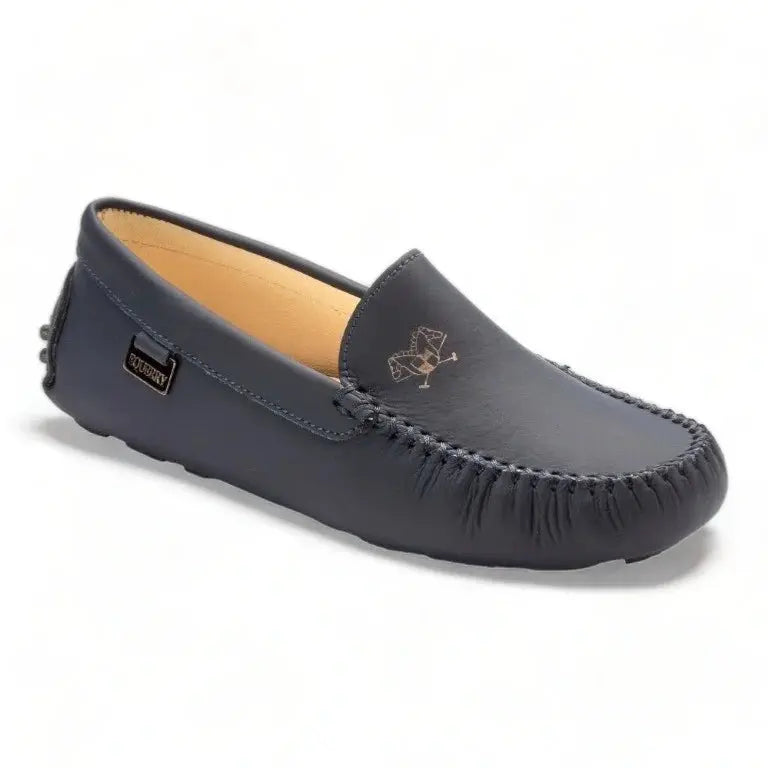 Navy Sahara Leather Soft Loafer for Girl by London Kids - girl's casual moccasin loafers in navy color