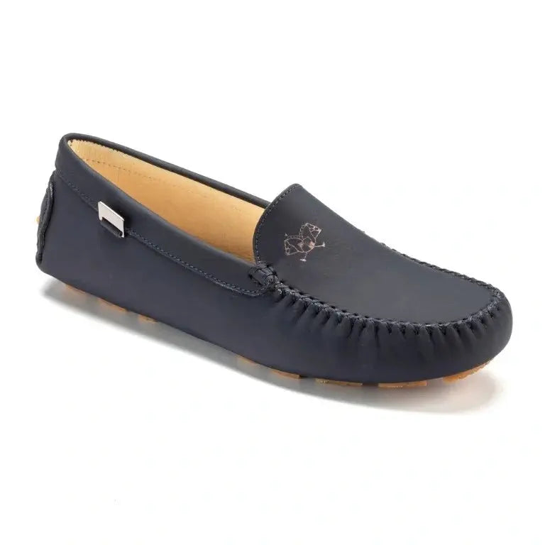 Navy with Beige Sole Sahara Leather Soft Loafer for Girl by London Kids - Girl's casual loafers in navy with beige sole