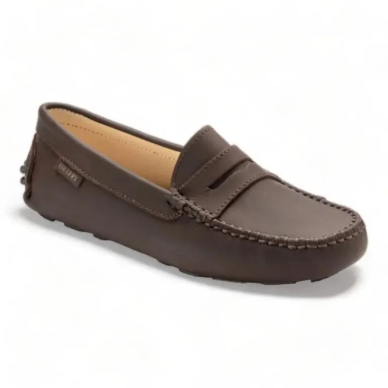 Brown Sahara Leather Soft Loafer for Girl by London Kids - classic penny moccasin loafers