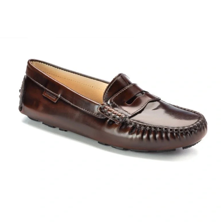 Brown polished leather soft loafer for girl by London Kids, ideal for casual wear.