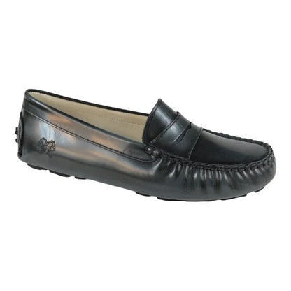 Gray polished leather soft loafers for girls by London Kids, perfect for casual wear.