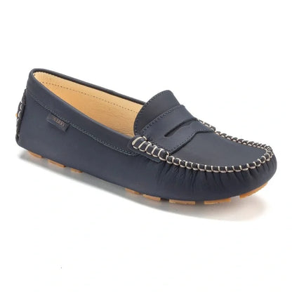 Navy with Beige Top Stitch Sahara Leather Soft Loafer for Girl by London Kids - Girls Mocassin Loafer