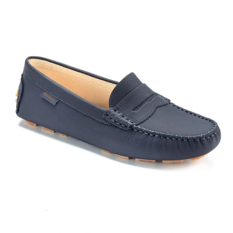 Navy and beige soft leather loafer for girls by London Kids, perfect for casual wear.