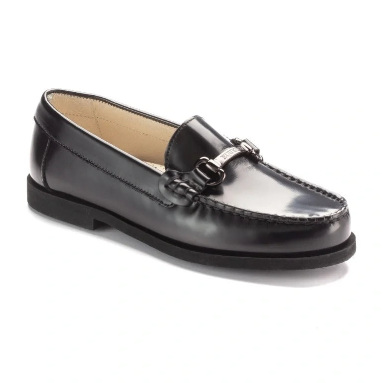 Black polished leather hard loafer for girl/boy by London Kids - stylish and comfortable option for casual wear.