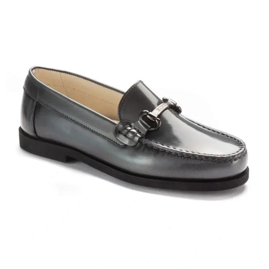 Stylish gray polished leather hard loafer for girls and boys by London Kids.