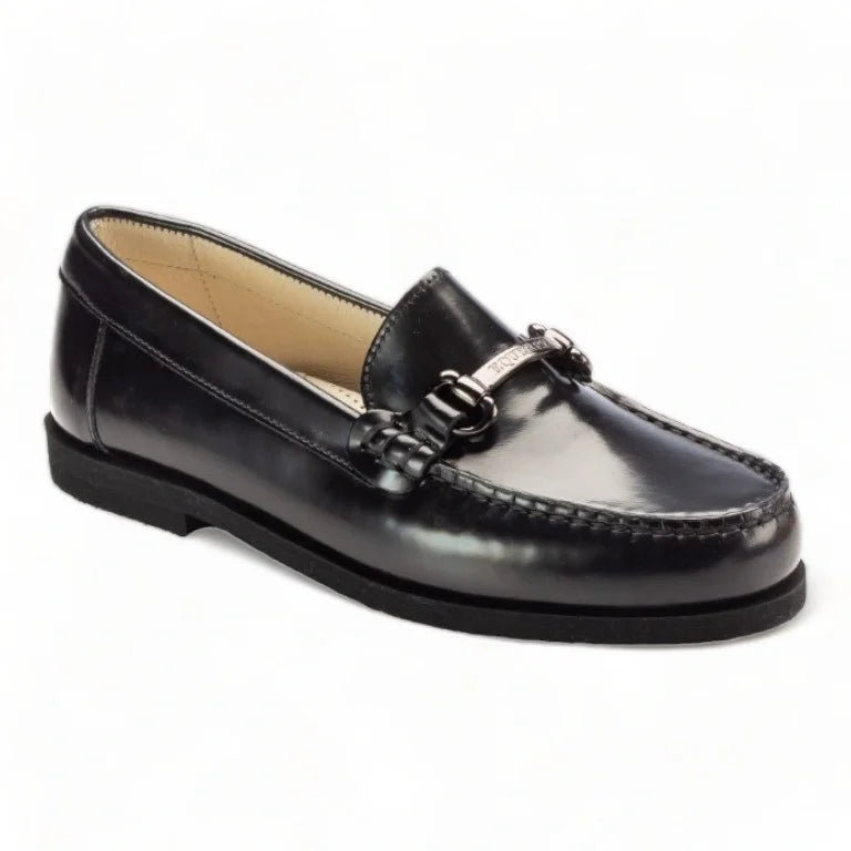 Black polished leather hard loafer for girl and boy by London Kids - black color with chain detail