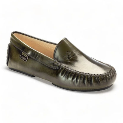 Green polished leather soft loafer for girl, teen, women by London Kids - moccasin loafer