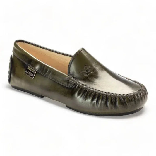 Green polished leather soft loafer for girl, teen, women by London Kids - moccasin loafer