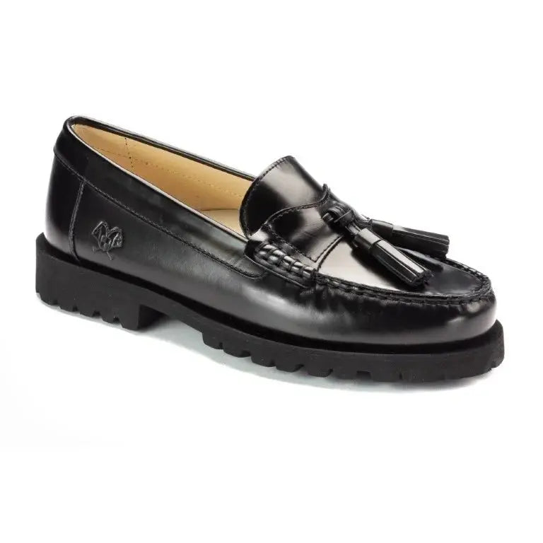 Black polished leather hard loafer for girl or boy by London Kids - chunky tassel loafers