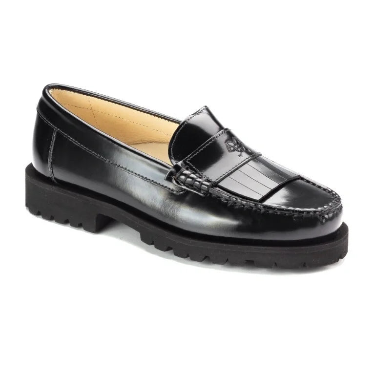 Black polished leather hard loafer for girl/boy by London Kids - chunky fringe loafer