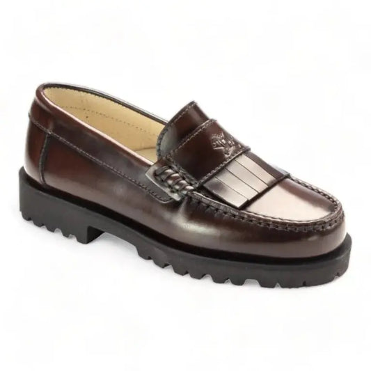 Brown polished leather hard loafer for kids by London Kids - Brown color, polished leather material, chunky fringe design