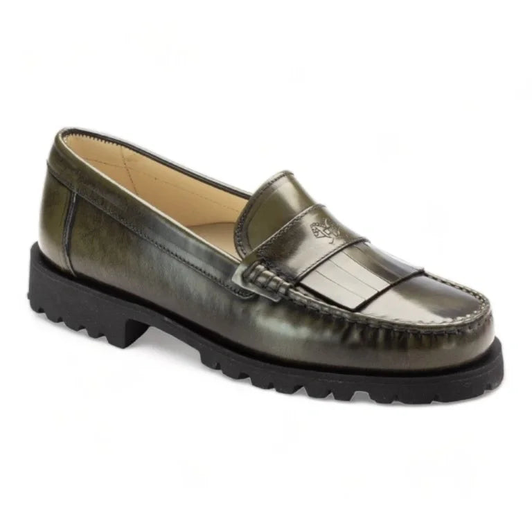 Green polished leather hard loafer by London Kids - green color chunky fringe loafers for girl/boy