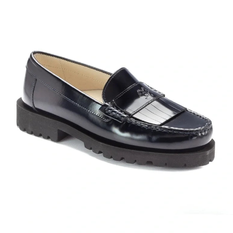 Navy polished leather hard loafer for girl or boy by London Kids, chunky fringe loafer in navy color, polished leather material.