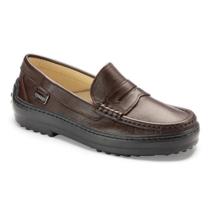 Brown soft leather loafers for girls by London Kids, ideal for casual wear.