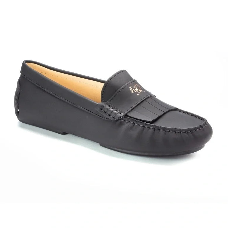 Black Sahara Leather Soft Loafer for Girl by London Kids - black color, Sahara leather material, mocassin fringe style, perfect for casual wear.