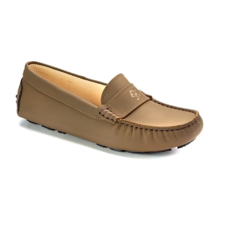 Stylish Carob Sahara Leather Soft Loafers for girls by London Kids, perfect for casual wear.