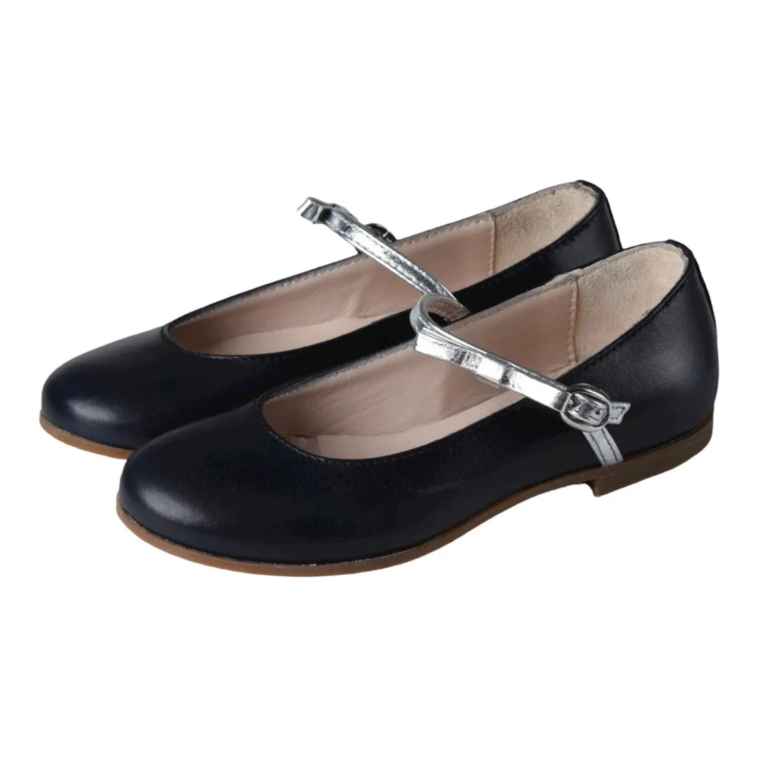 Navy soft leather strap ballerina for girls by Galluci - Navy color, soft leather material, perfect for dressy occasions.