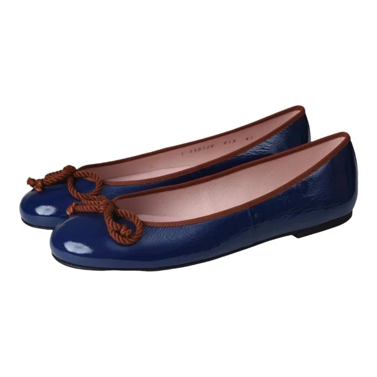 Stylish Navy Patent Leather Flats by Pretty Ballerinas - Teen/Women, Ballet Flat With Bow, Spain