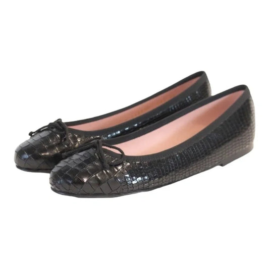 Black Croc Leather Flats for Teen/Women by Pretty Ballerinas - elegant and stylish flats crafted from premium croc leather.