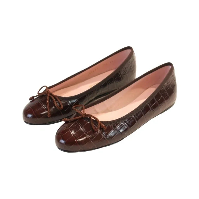 Brown croc leather flats for teens and women by Pretty Ballerinas - trendy, comfortable, and stylish.