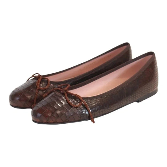 Brown croc leather flats for teens and women by Pretty Ballerinas, perfect for casual occasions.