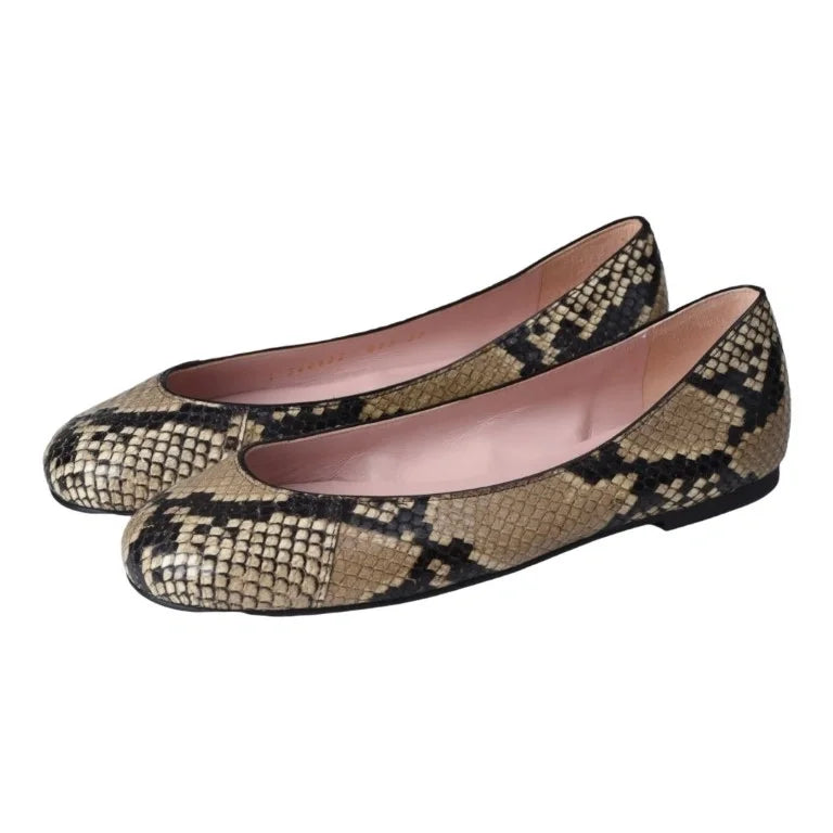 Camel snake leather flats for teen and women by Pretty Ballerinas in camel color