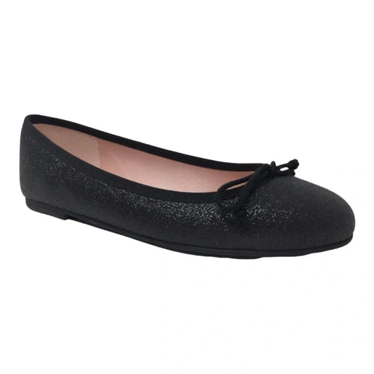 Black glitter flats for teens and women by Pretty Ballerinas, ballet flat with bow.