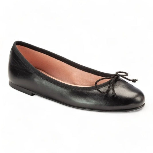 Black soft leather flats for teens and women by Pretty Ballerinas, ballet flat with bow.