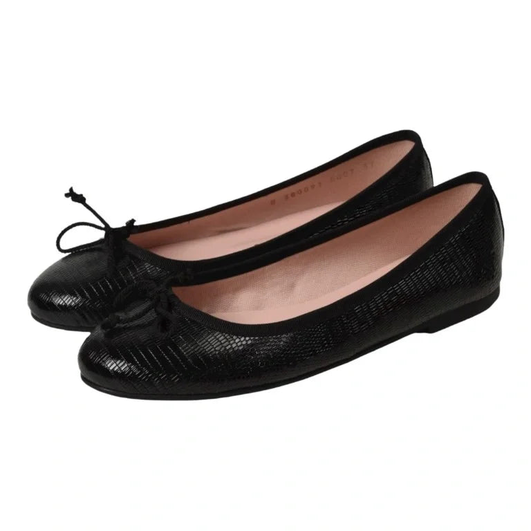 Black Croc Leather Flats for Teen/Women by Pretty Ballerinas - ballet flats with bow detail