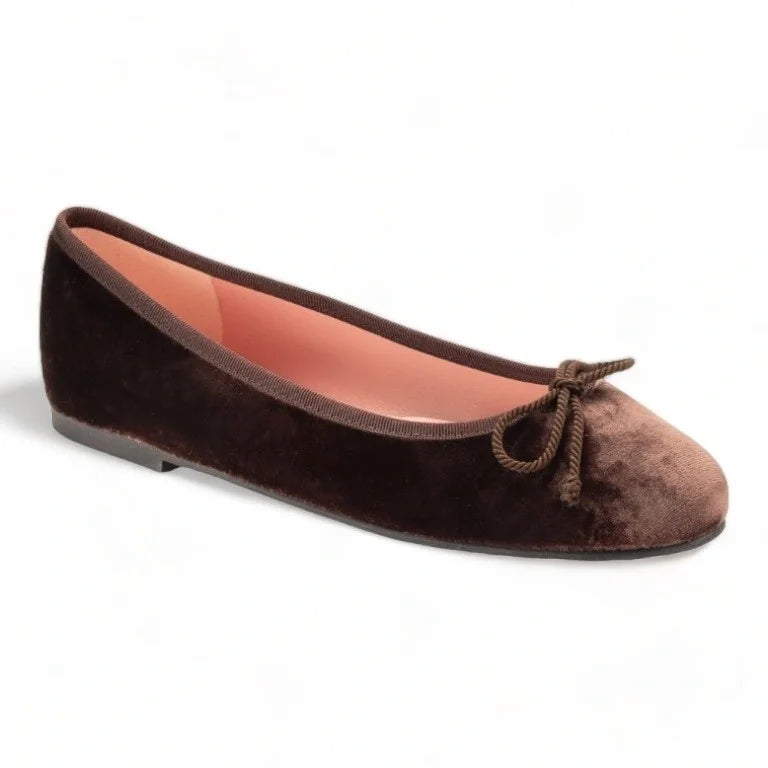 Brown velvet flats for teens and women by Pretty Ballerinas, perfect for dressy or casual occasions.