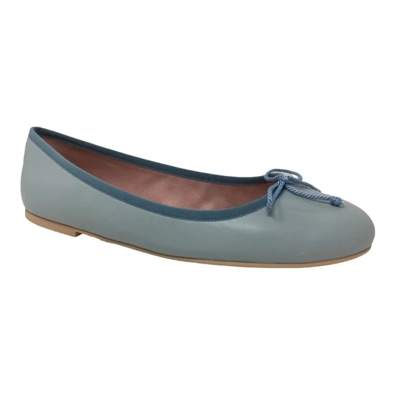 Light Blue Soft Leather Flats for Teen Women by Pretty Ballerinas - Ballet flat with bow in light blue color.