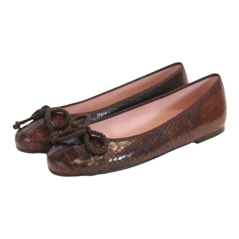 Brown Croc Leather Flats for Teen/Women by Pretty Ballerinas - Brown Croc Leather Flats for Teens and Women by Pretty Ballerinas, designed for casual occasions.