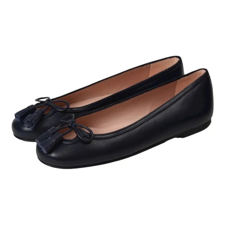 Navy soft leather flats for teens and women by Pretty Ballerinas, tassle tie shoes.