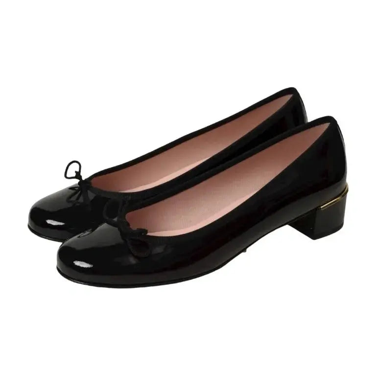 Black patent leather heel for teens and women by Pretty Ballerinas, ideal for dressy and casual occasions.